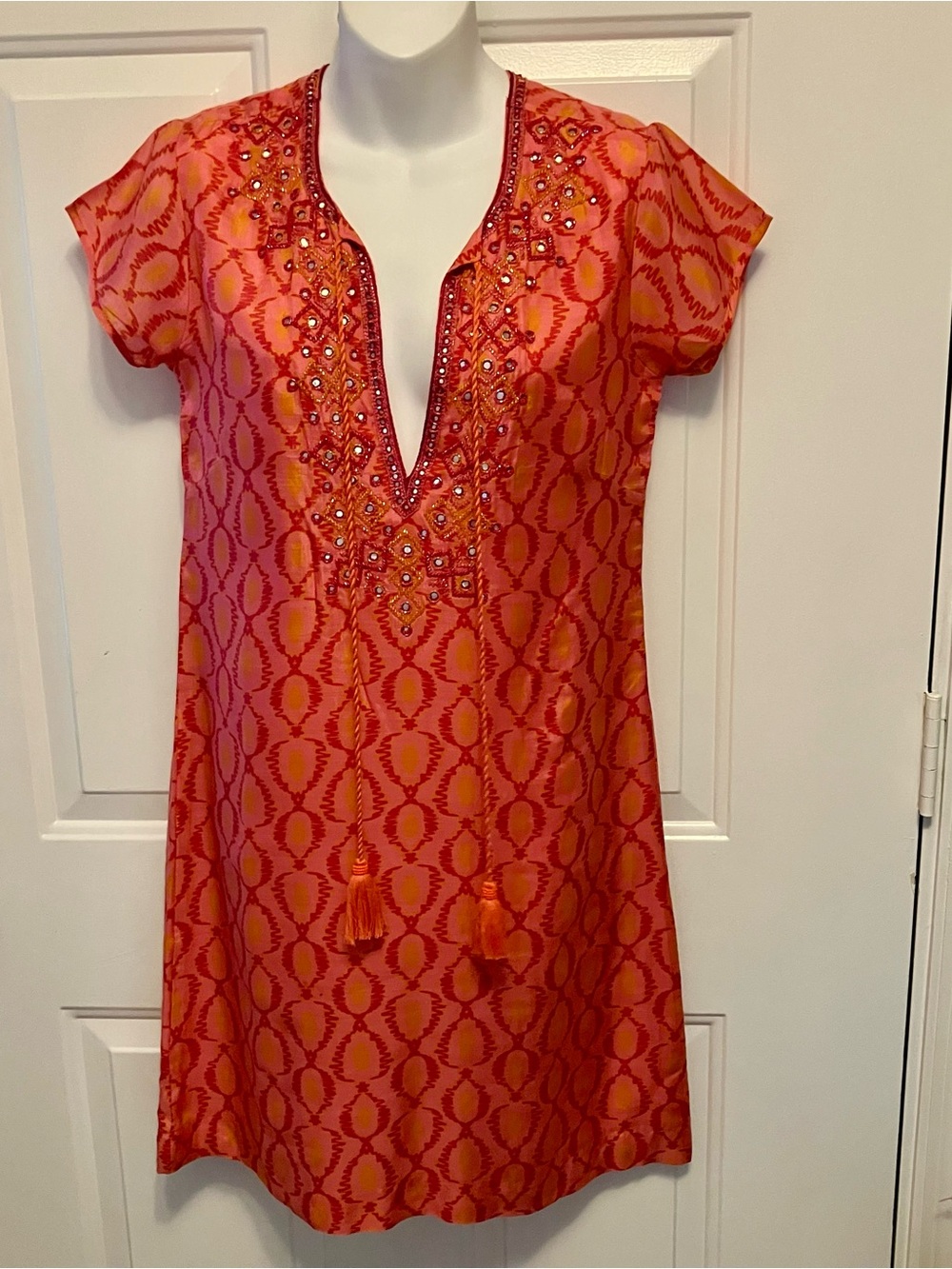 Bella Tu Orange-Pink Tassel Beaded Short Sleeve Mini Dress Women’s
